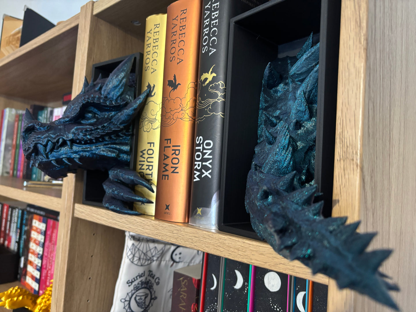 Blue Glitter Emerging Dragon book nook/bookends. based of Tairn from Fourth wing