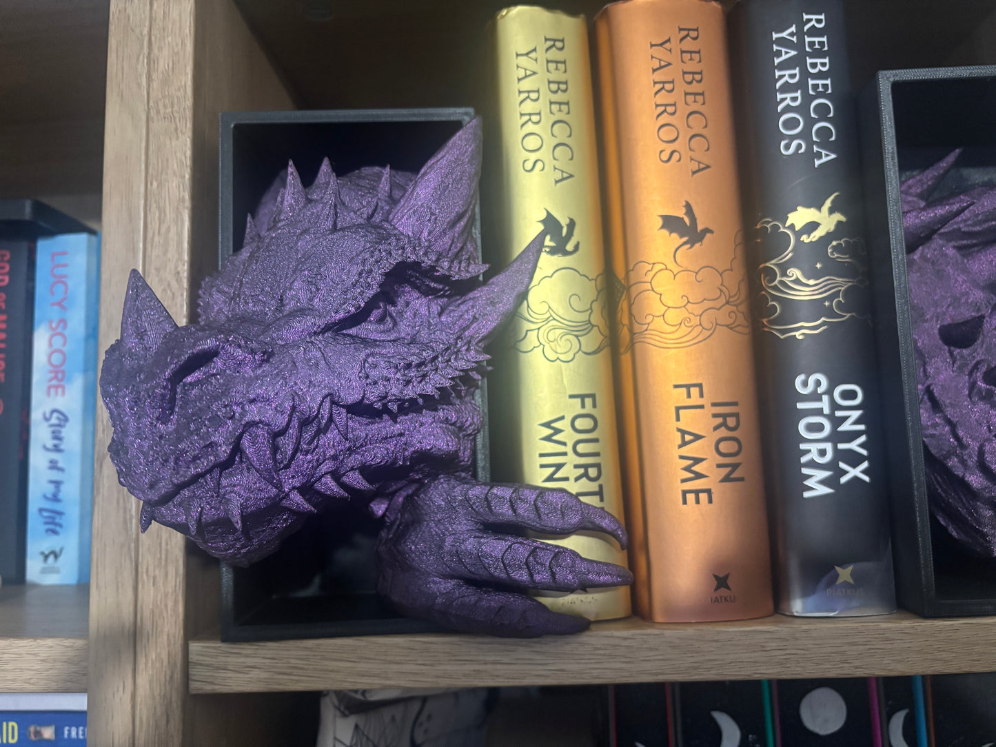 Purple Glitter Emerging Dragon book nook/bookends. based of Tairn from Fourth wing