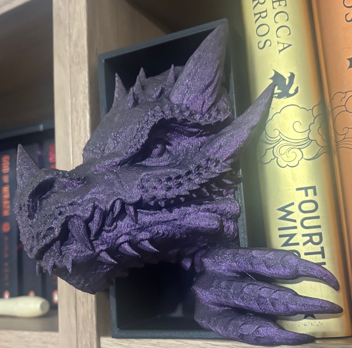 Purple Glitter Emerging Dragon book nook/bookends. based of Tairn from Fourth wing