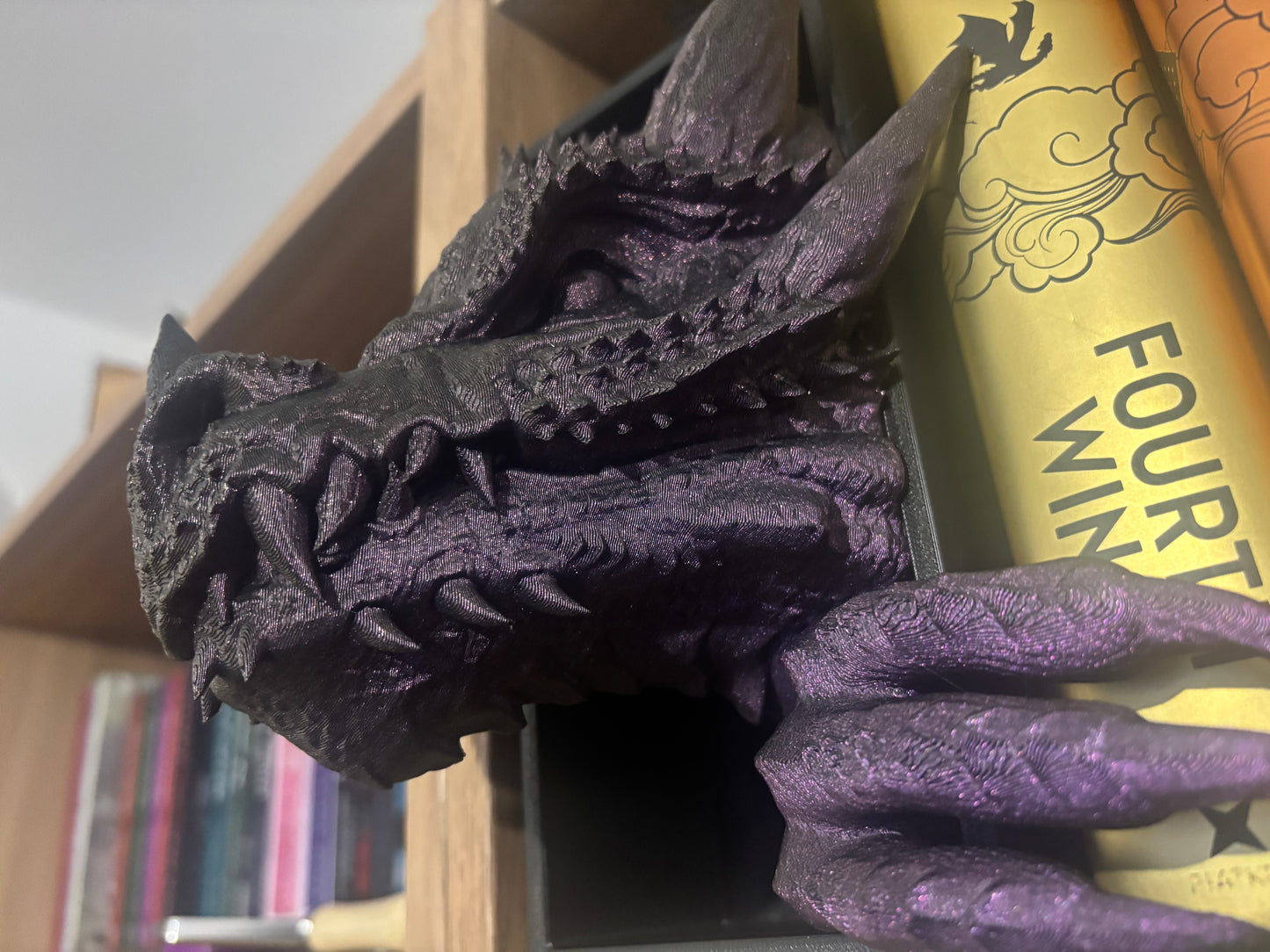 Purple Glitter Emerging Dragon book nook/bookends. based of Tairn from Fourth wing