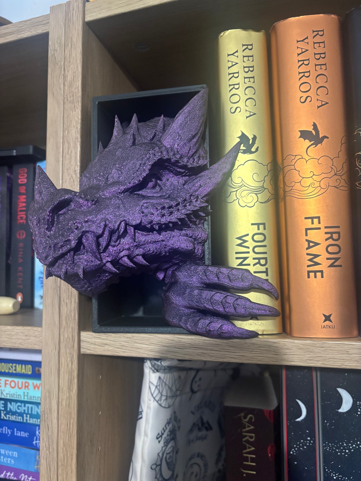 Purple Glitter Emerging Dragon book nook/bookends. based of Tairn from Fourth wing