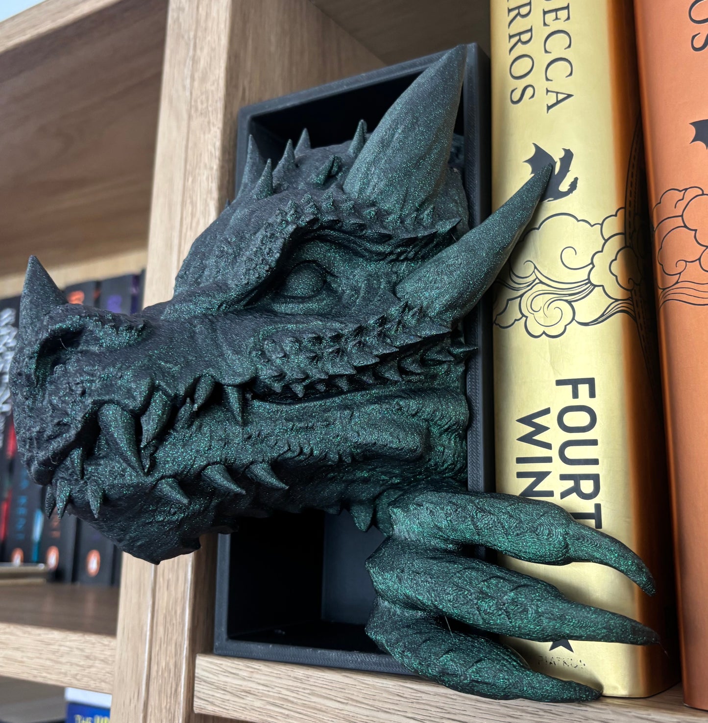 Green Glitter Emerging Dragon book nook/bookends. based of Tairn from Fourth wing
