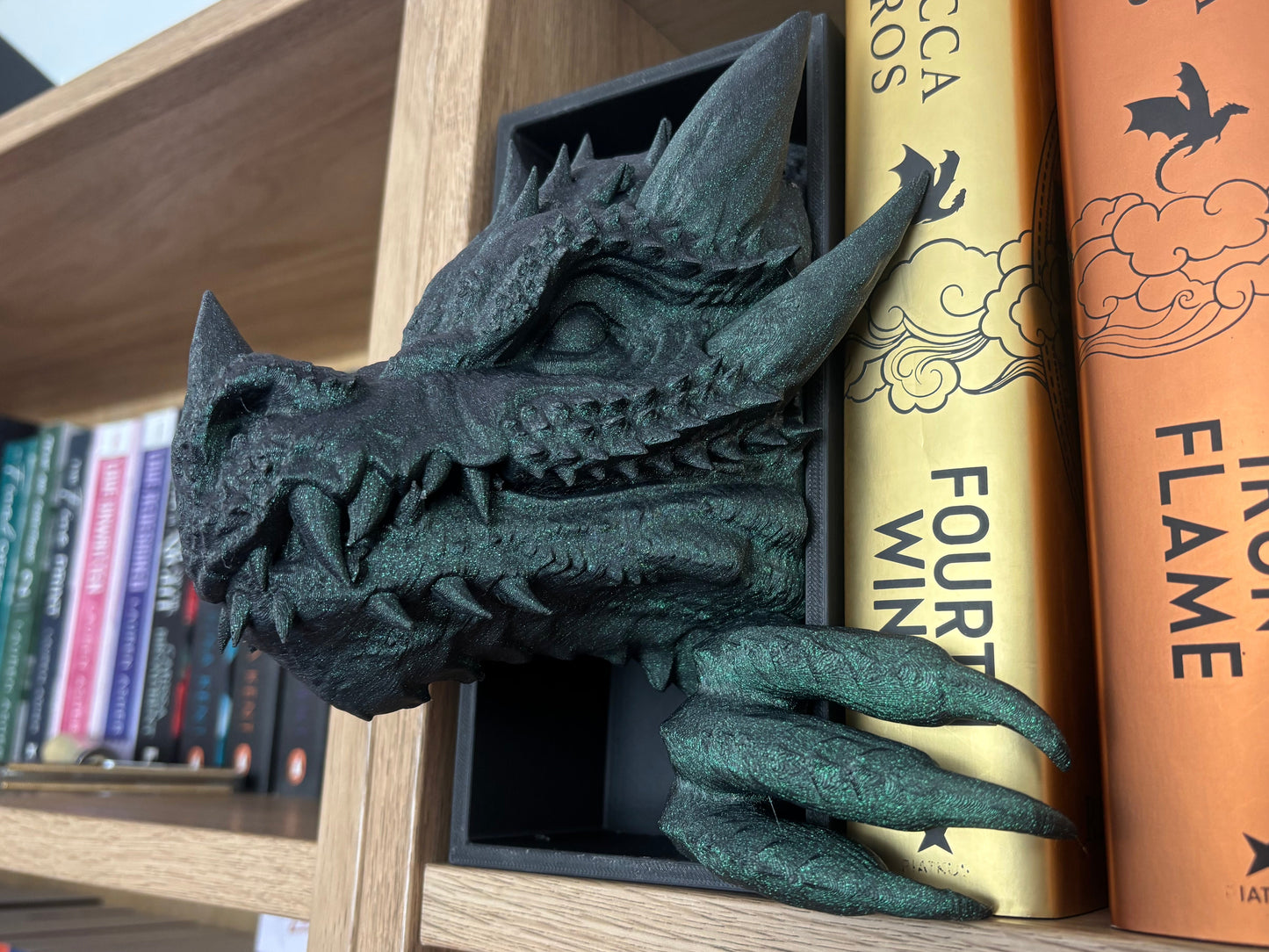 Green Glitter Emerging Dragon book nook/bookends. based of Tairn from Fourth wing