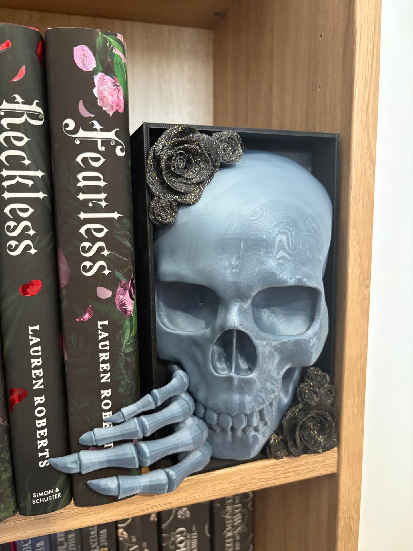 Dark Romance - Greyish Blue Emerging Skull with Black Roses with Gold Glitter
