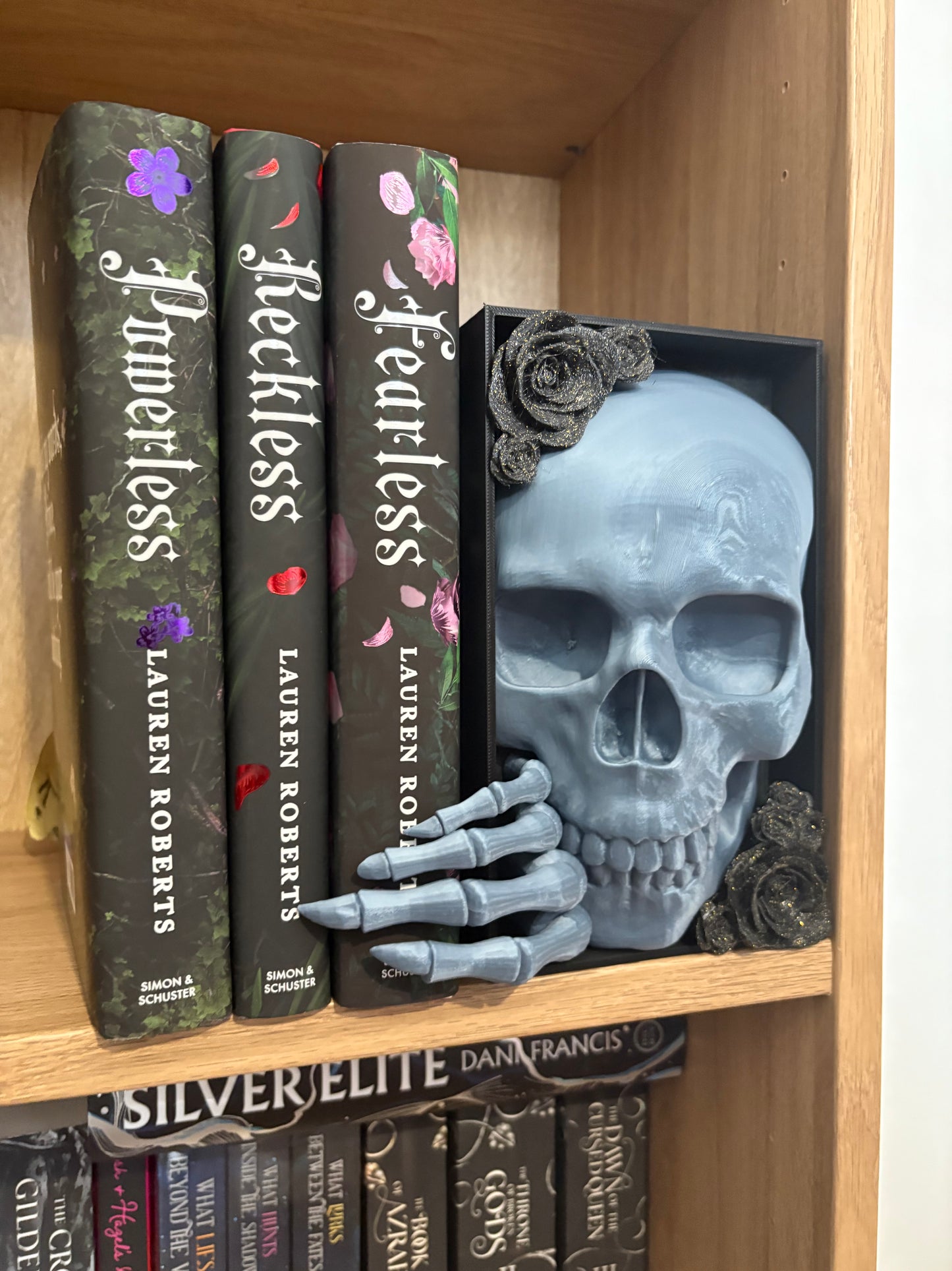 Dark Romance - Greyish Blue Emerging Skull with Black Roses with Gold Glitter