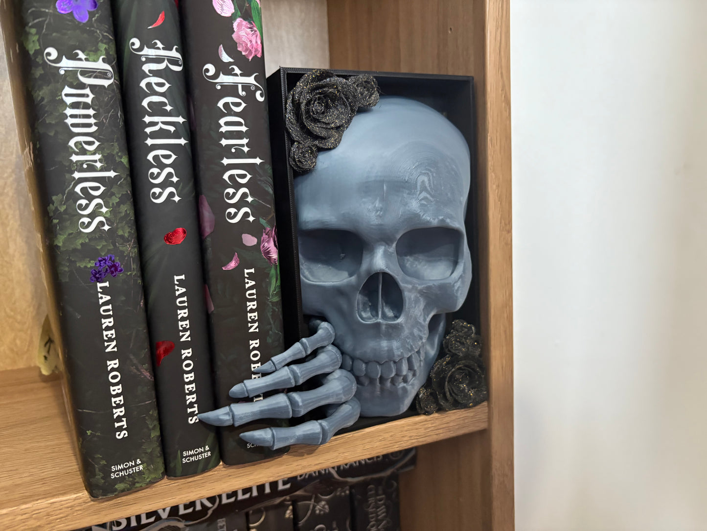 Dark Romance - Greyish Blue Emerging Skull with Black Roses with Gold Glitter