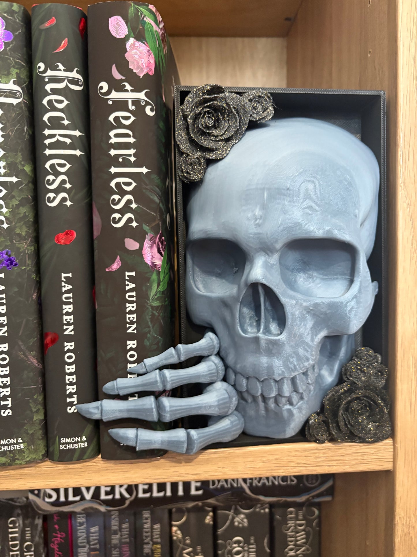 Dark Romance - Greyish Blue Emerging Skull with Black Roses with Gold Glitter