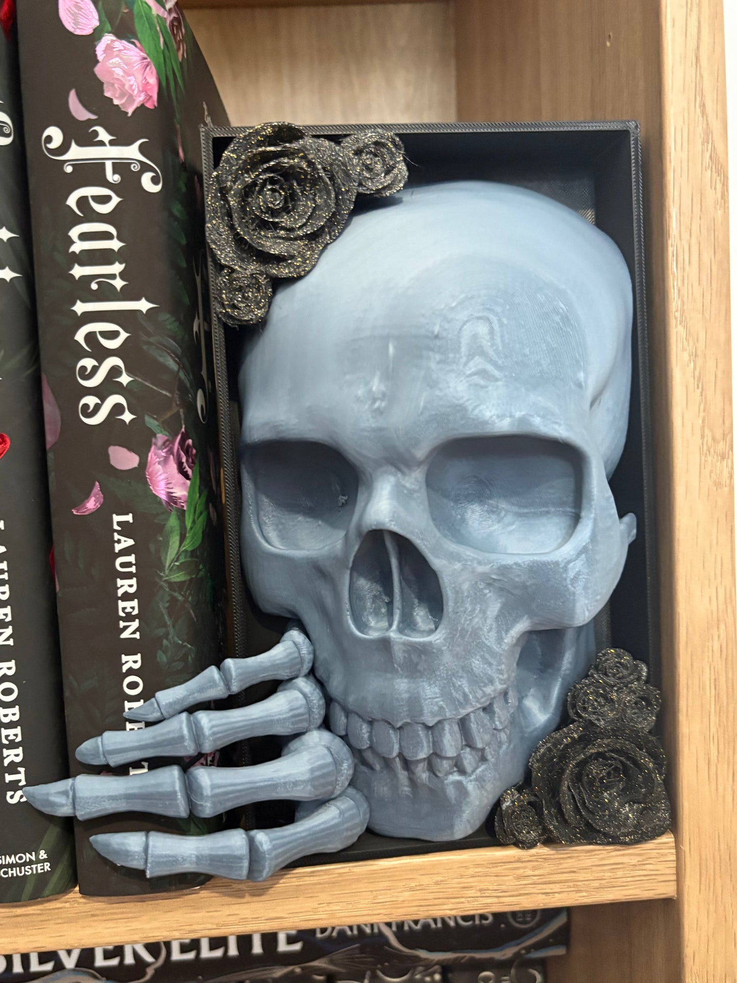 Dark Romance - Greyish Blue Emerging Skull with Black Roses with Gold Glitter