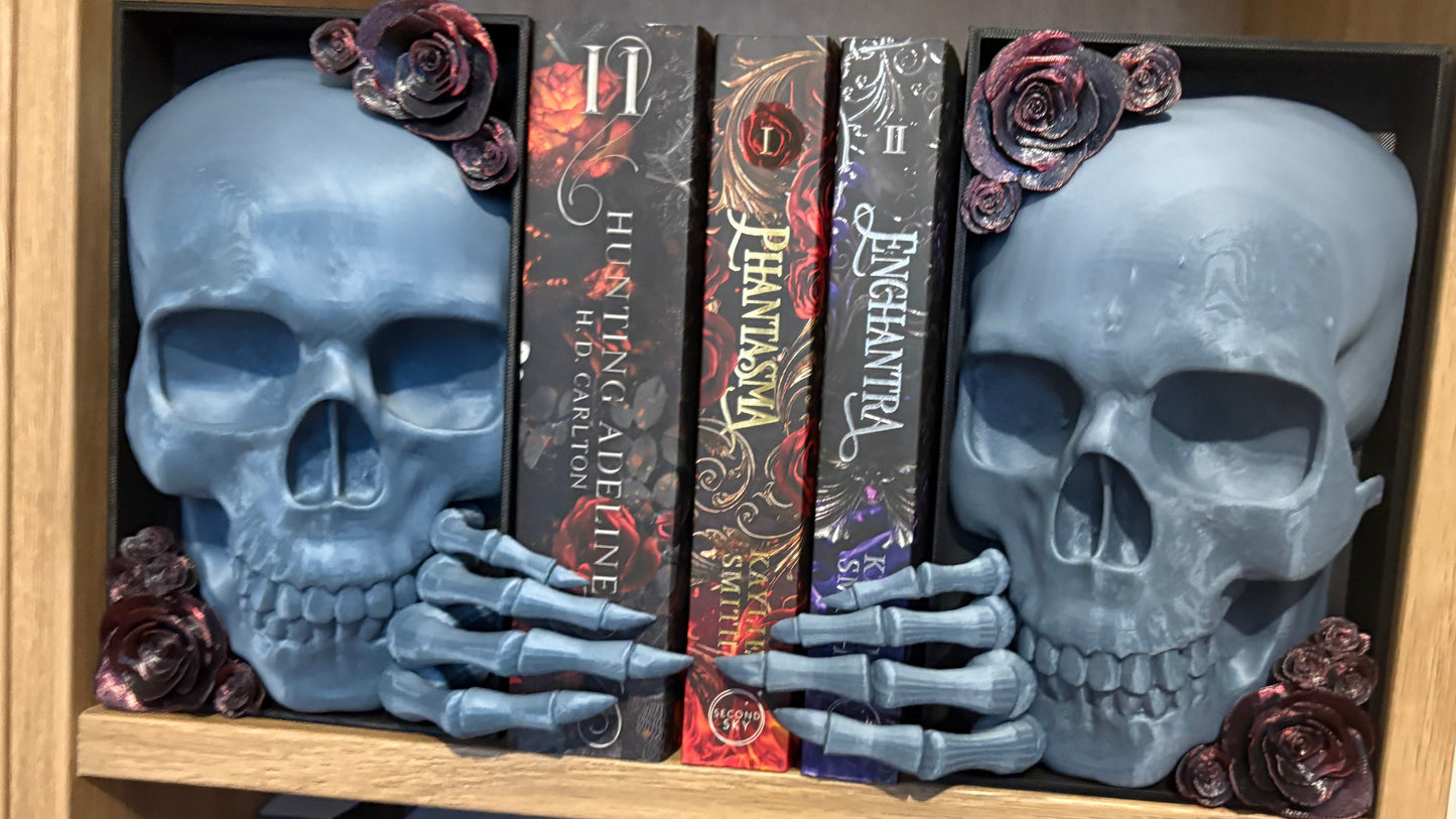 Dark Romance - 2x Greyish Blue Emerging Skull with 2 tone Red/Black Roses